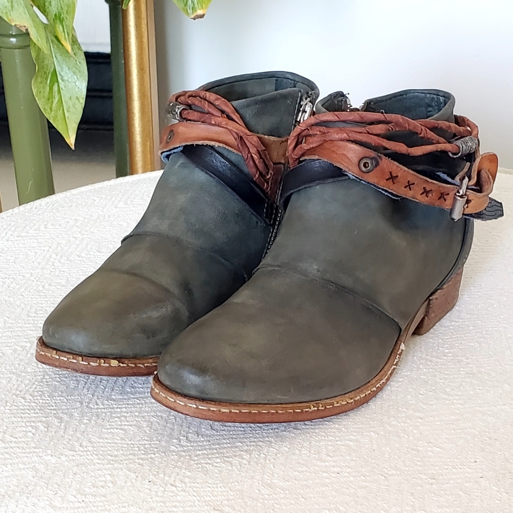 A.S. 98 Green Leather Ankle Strappy Accent Rugged Boot, Wm EU 40, US 9-9.5, - Picture 7 of 16